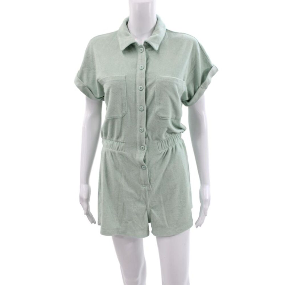 Z Supply Womens Green Collared Short Sleeve Romper Button Solid Cotton Size S
